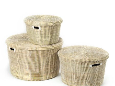 Hand Woven Flat Lidded Basket – White Cheap